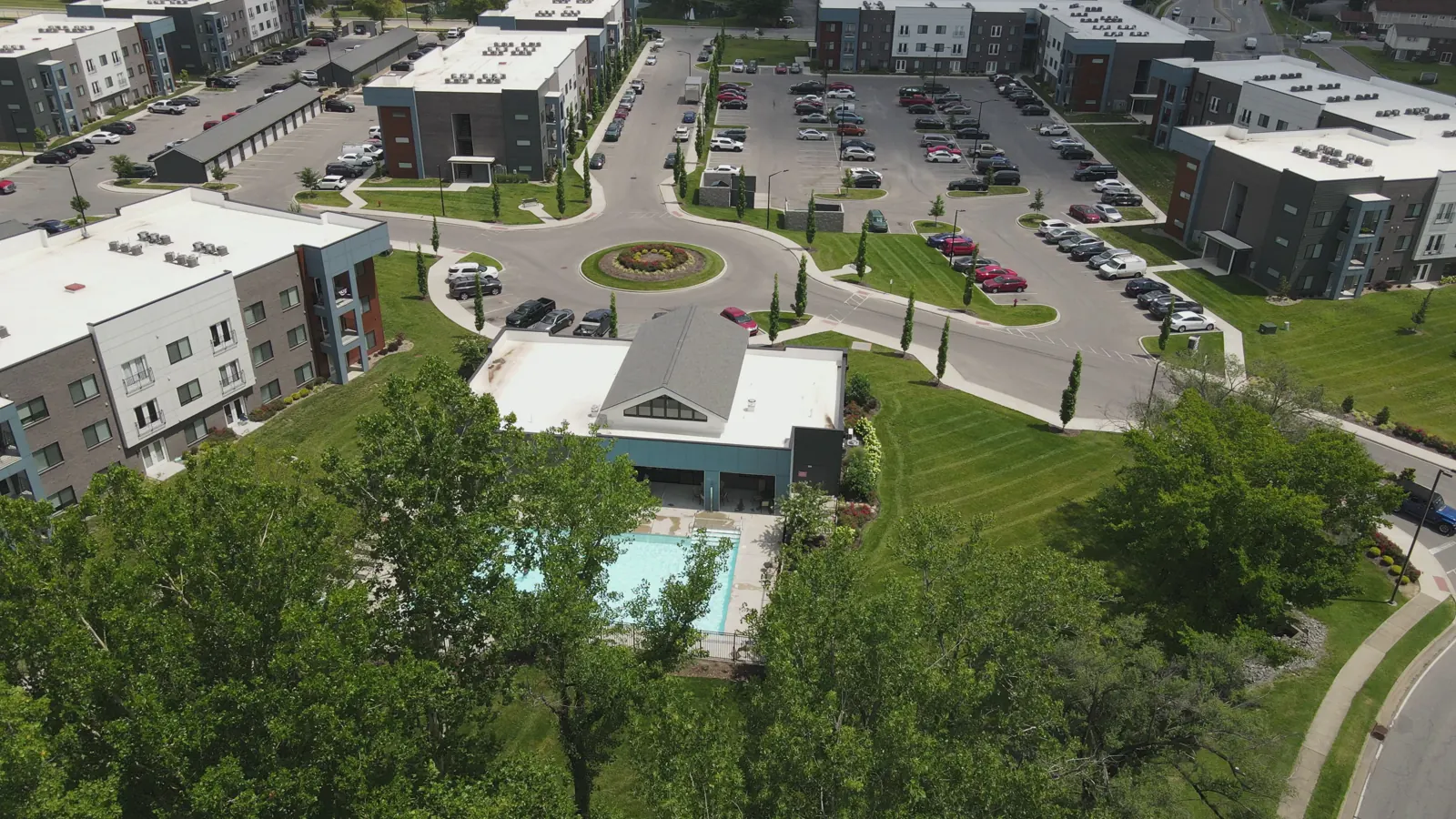 Aerial view showing the scale of The Bend and its parking