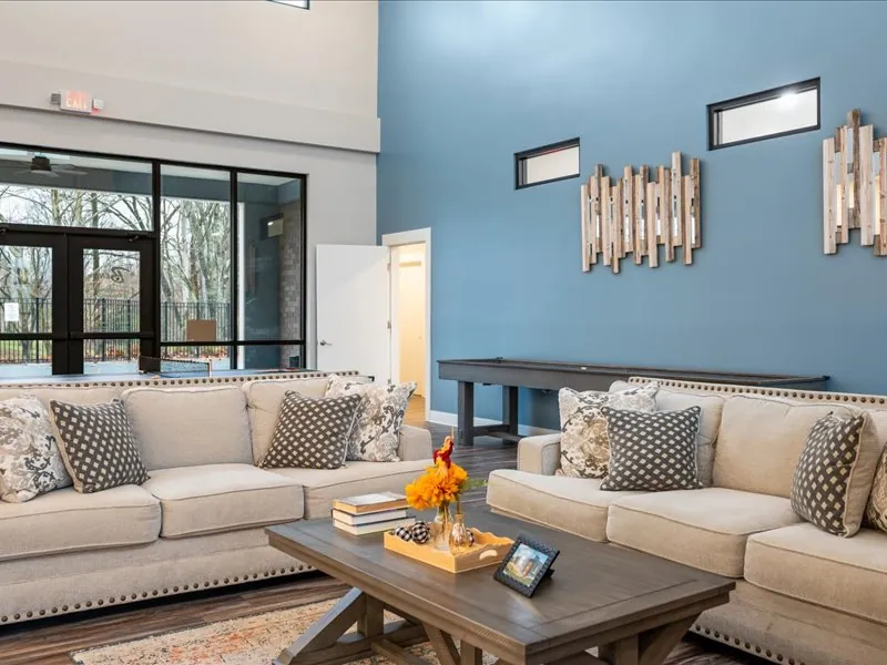 The clubhouse lounge at The Bend with a vaulted ceiling